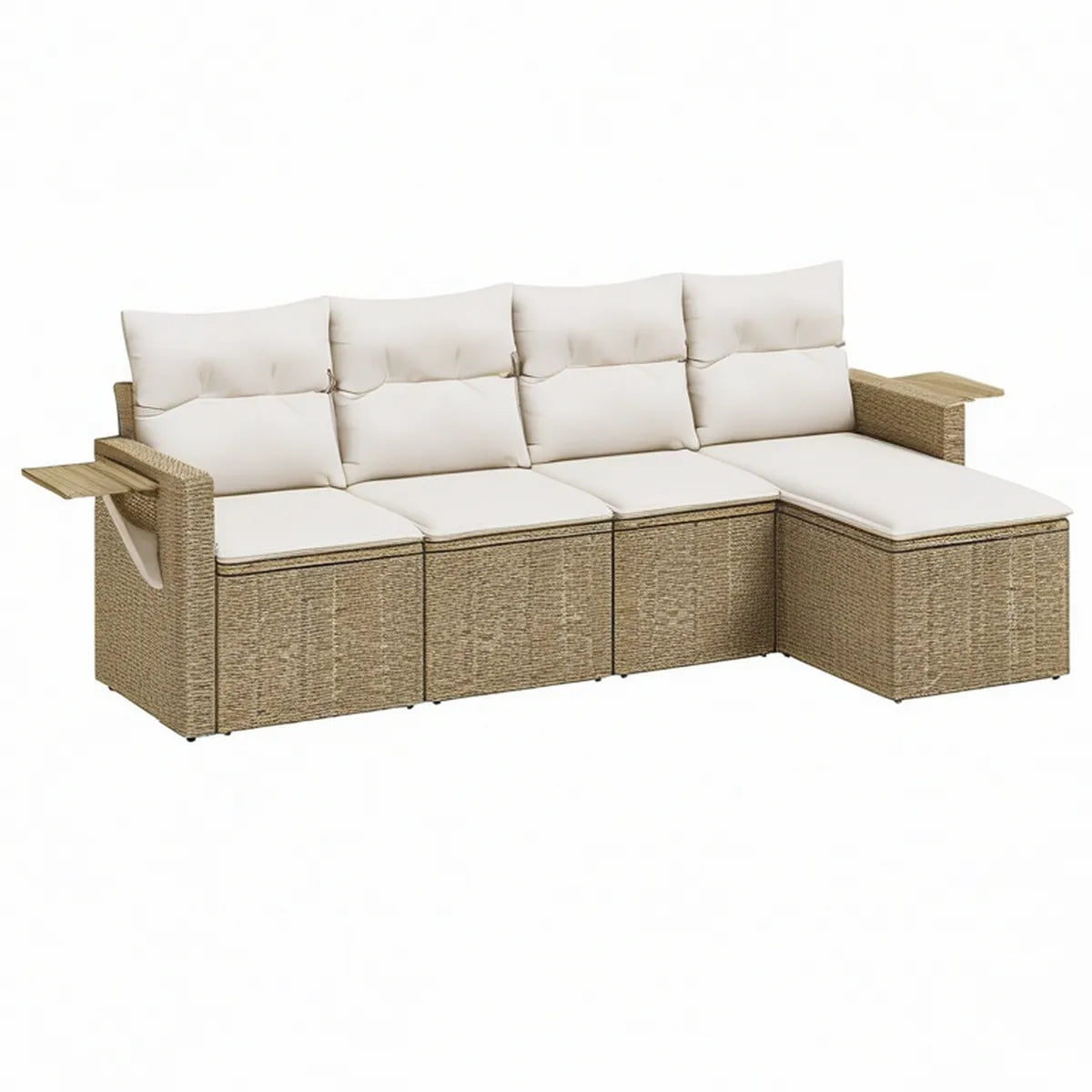 Sofá modular de jardim em L para 3 lugares, em vime PE bege com almofadas creme, 230 x 180 x 85 cm
