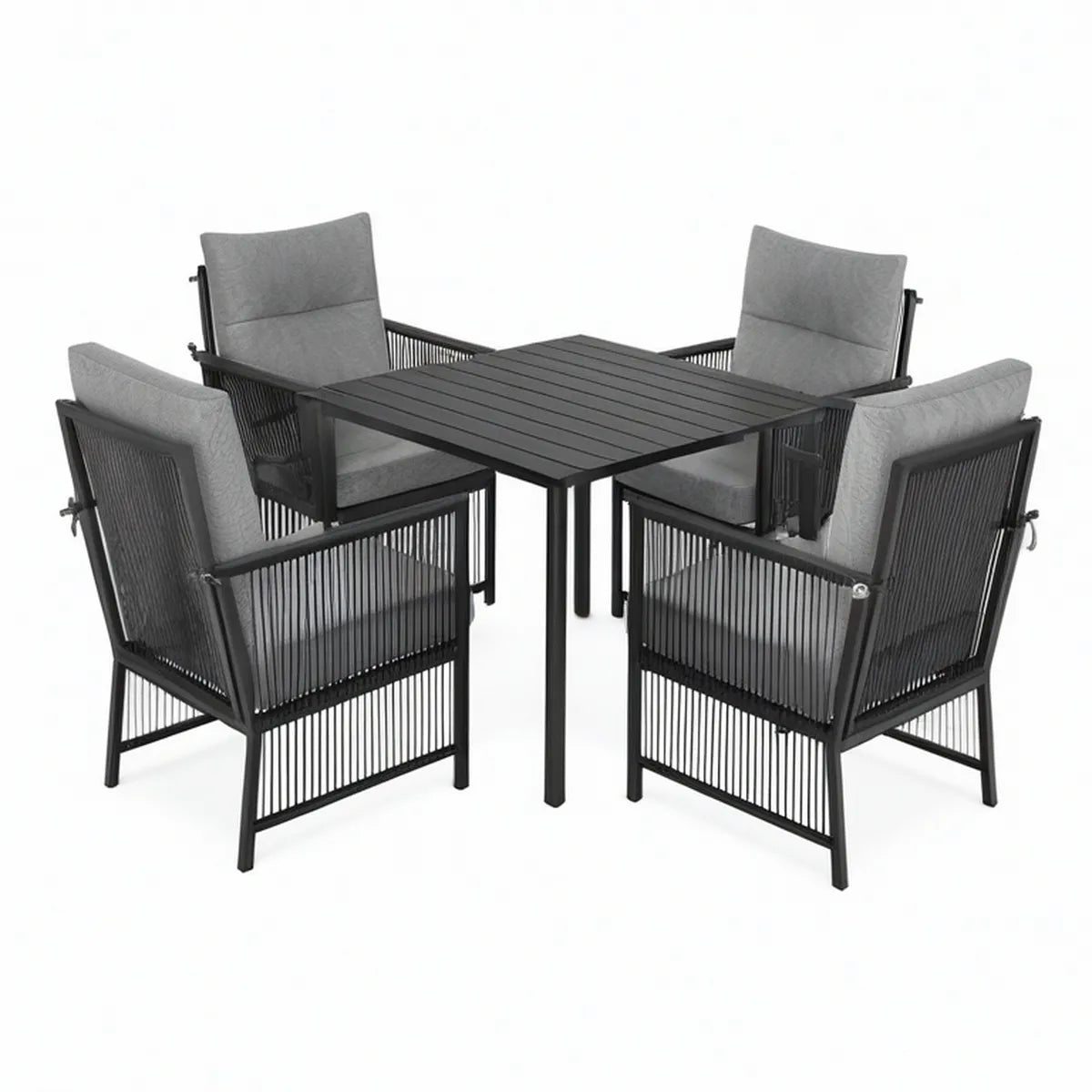 Conjunto de jardim com mesa quadrada 90 x 90 x 75 cm e 4 cadeiras em aço preto com cordão PE e almofadas cinzentas