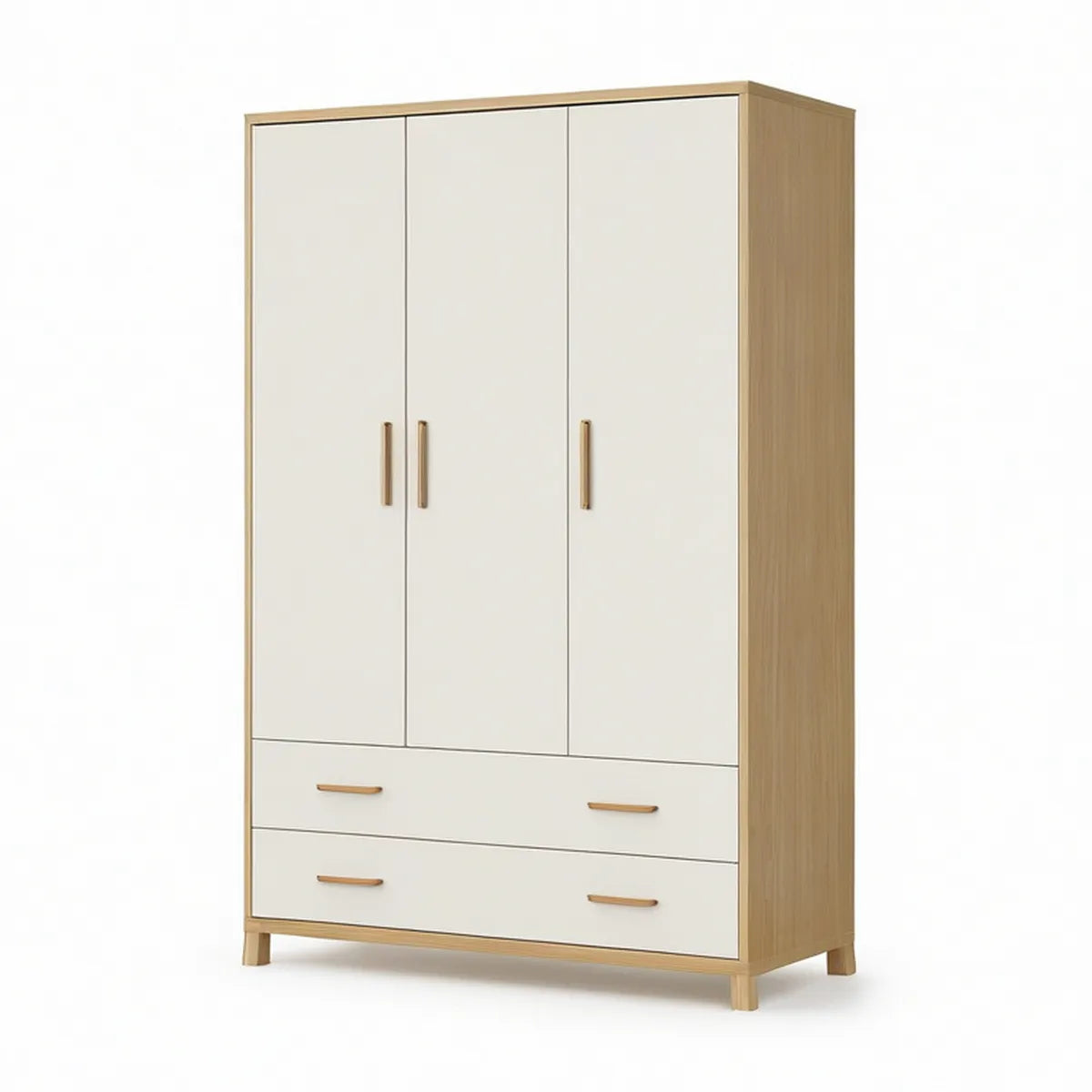 Roupeiro de 3 Portas e 2 Gavetas em MDF Branco e Carvalho Natural, 120 x 55 x 200 cm