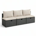 Sofá modular de jardim de 3 lugares com arrumação, vime PE cinzento escuro e almofadas bege, 180 x 60 x 70 cm