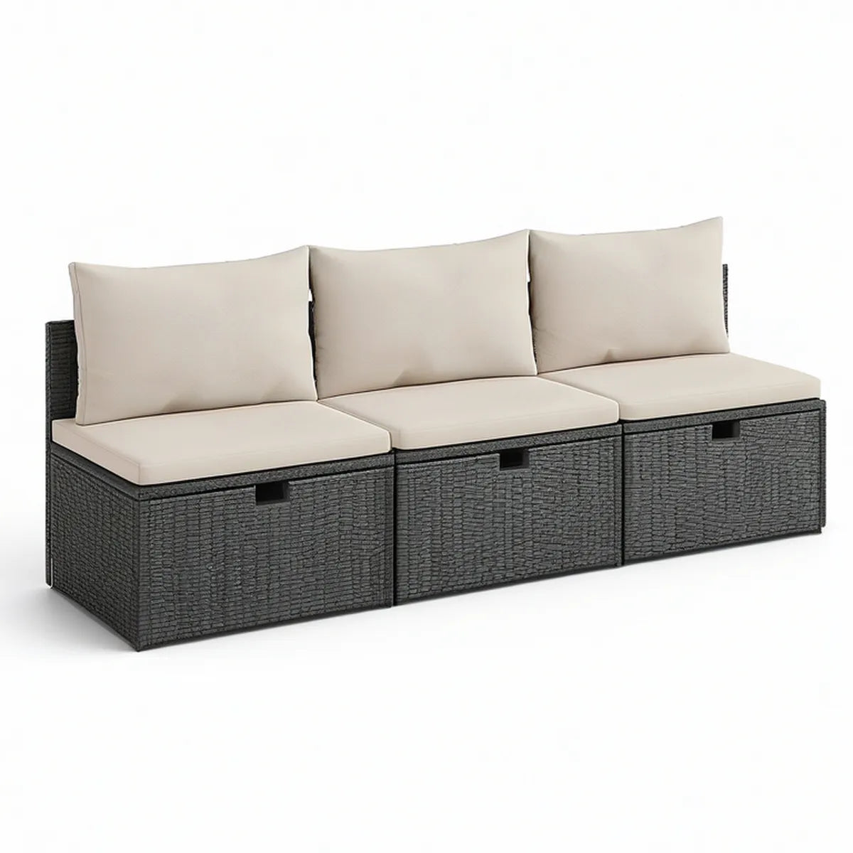 Sofá modular de jardim de 3 lugares com arrumação, vime PE cinzento escuro e almofadas bege, 180 x 60 x 70 cm