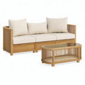 Conjunto de exterior em madeira de acácia natural com almofadas bege, sofá de 3 lugares 180 x 80 x 75 cm e mesa 110 x 60 x 45 cm