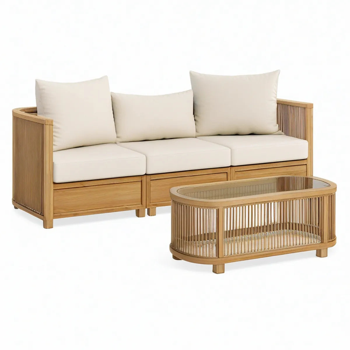 Conjunto de exterior em madeira de acácia natural com almofadas bege, sofá de 3 lugares 180 x 80 x 75 cm e mesa 110 x 60 x 45 cm