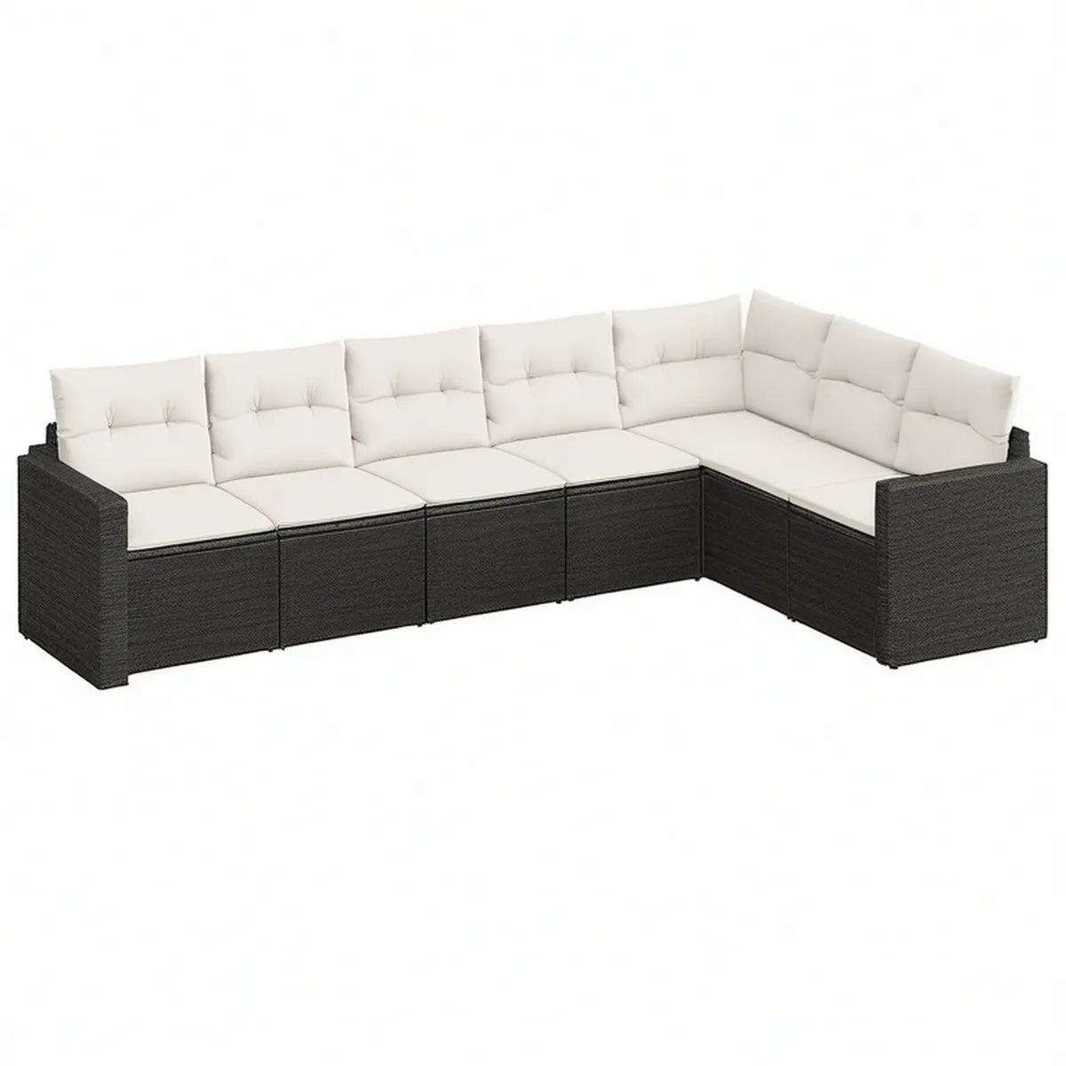 Conjunto de Sofás de Jardim em L, 6 Peças, Vime PE Preto e Almofadas Creme, 280 x 210 x 60,5 cm