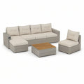Conjunto de exterior modular em vime PE cinzento com almofadas creme e tampo de acácia, 253 x 183 x 60 cm