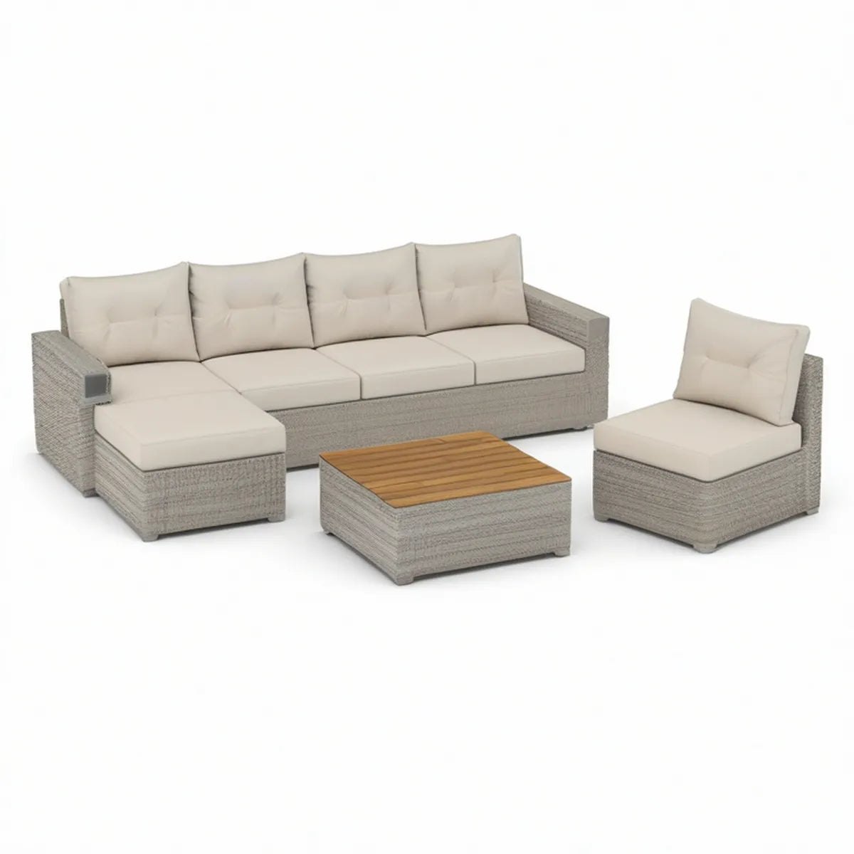 Conjunto de exterior modular em vime PE cinzento com almofadas creme e tampo de acácia, 253 x 183 x 60 cm