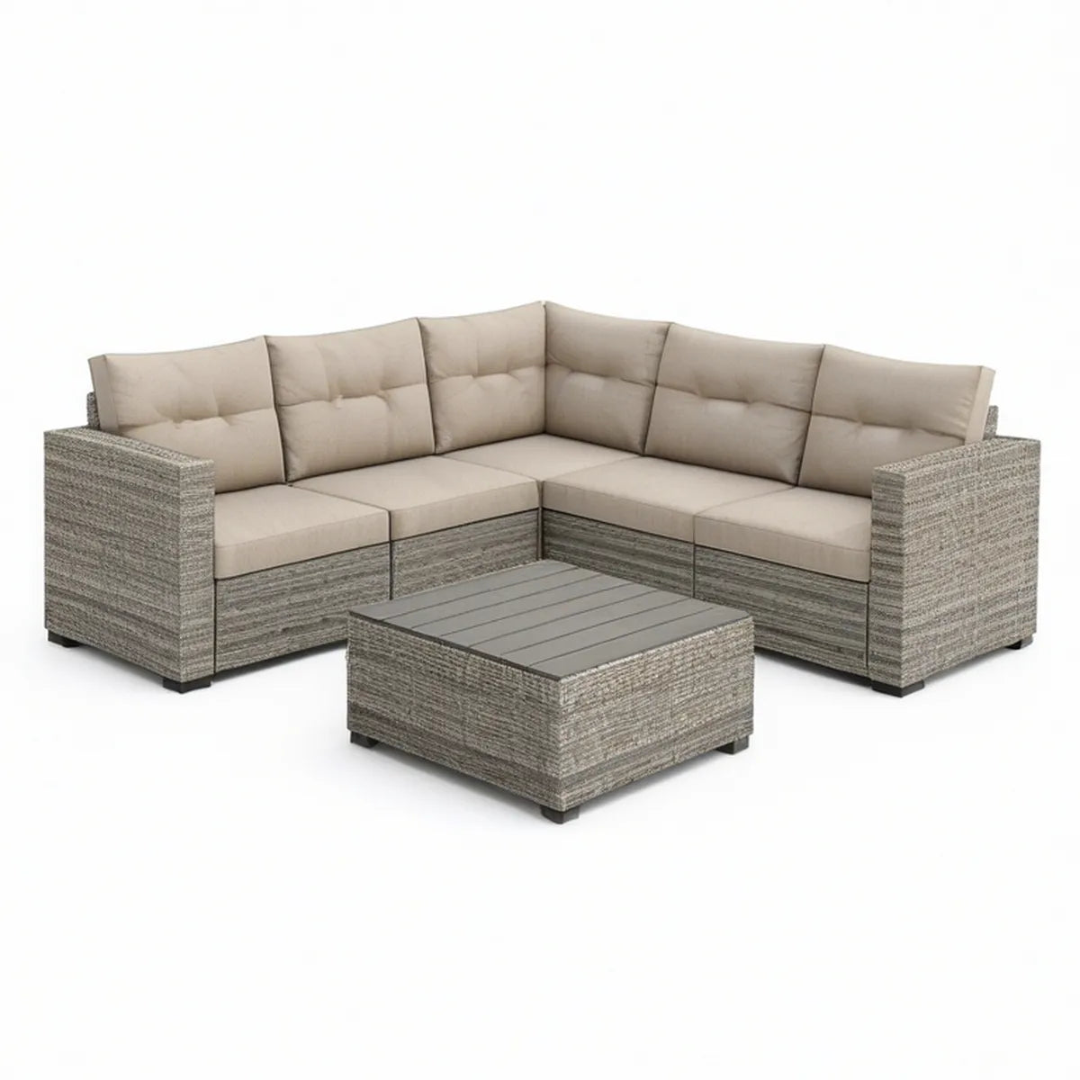 Conjunto de sofás de jardim em L para 5 pessoas com mesa, 250 x 250 x 70 cm, Cinzento e Bege
