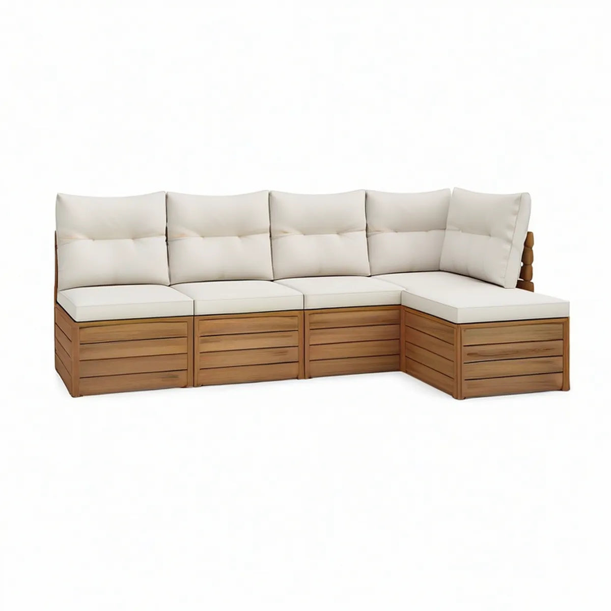 Sofá modular em L para 5 lugares em madeira maciça de acácia, Castanho/Bege, 280 x 210 x 85 cm