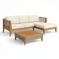 Conjunto de exterior em madeira de acácia castanho, bege e creme com chaise longue direita e mesa de centro, 230 x 150 cm