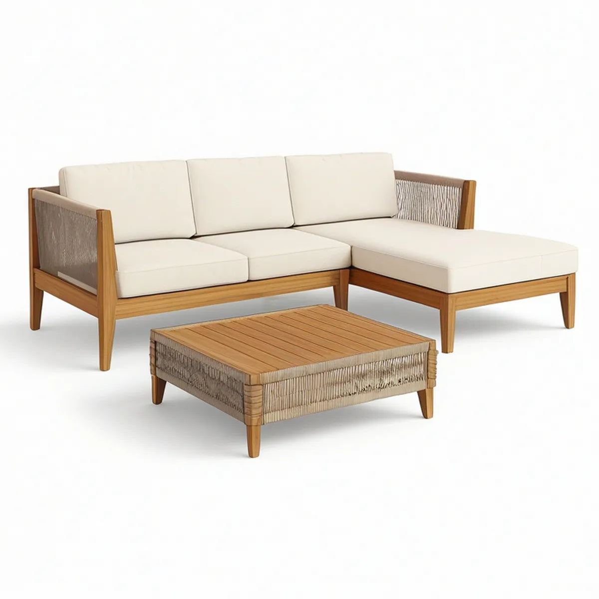 Conjunto de exterior em madeira de acácia castanho, bege e creme com chaise longue direita e mesa de centro, 230 x 150 cm