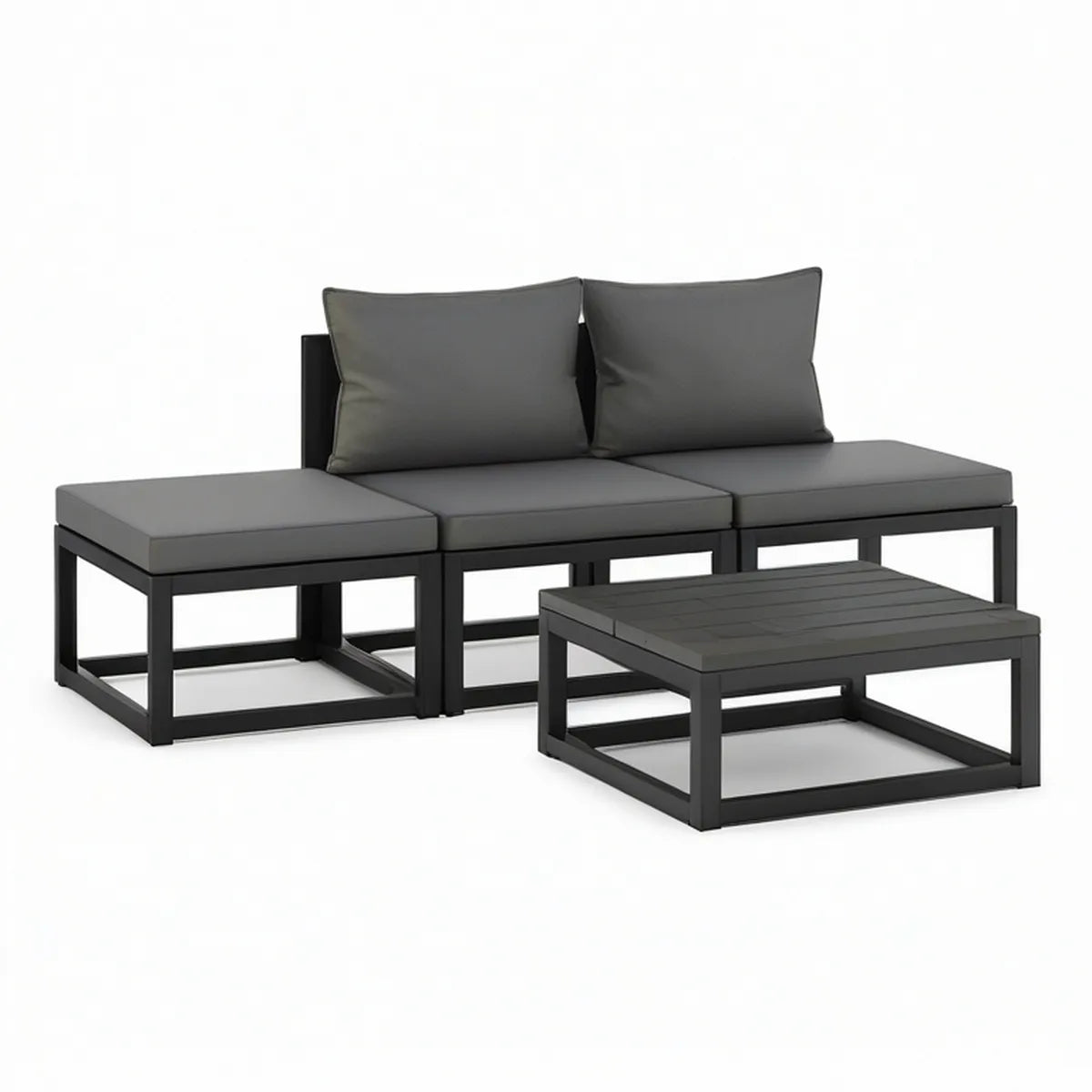 Conjunto modular de exterior em alumínio Preto com almofadas Cinzento-escuro e mesa de centro, 225 x 75 x 65 cm