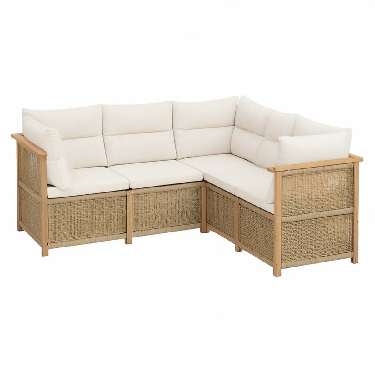 Sofá de Canto para Jardim de 3 Peças em Madeira de Acácia e Fibra Sintética Natural/Bege/Branco Marfim, 210 x 210 x 78 cm