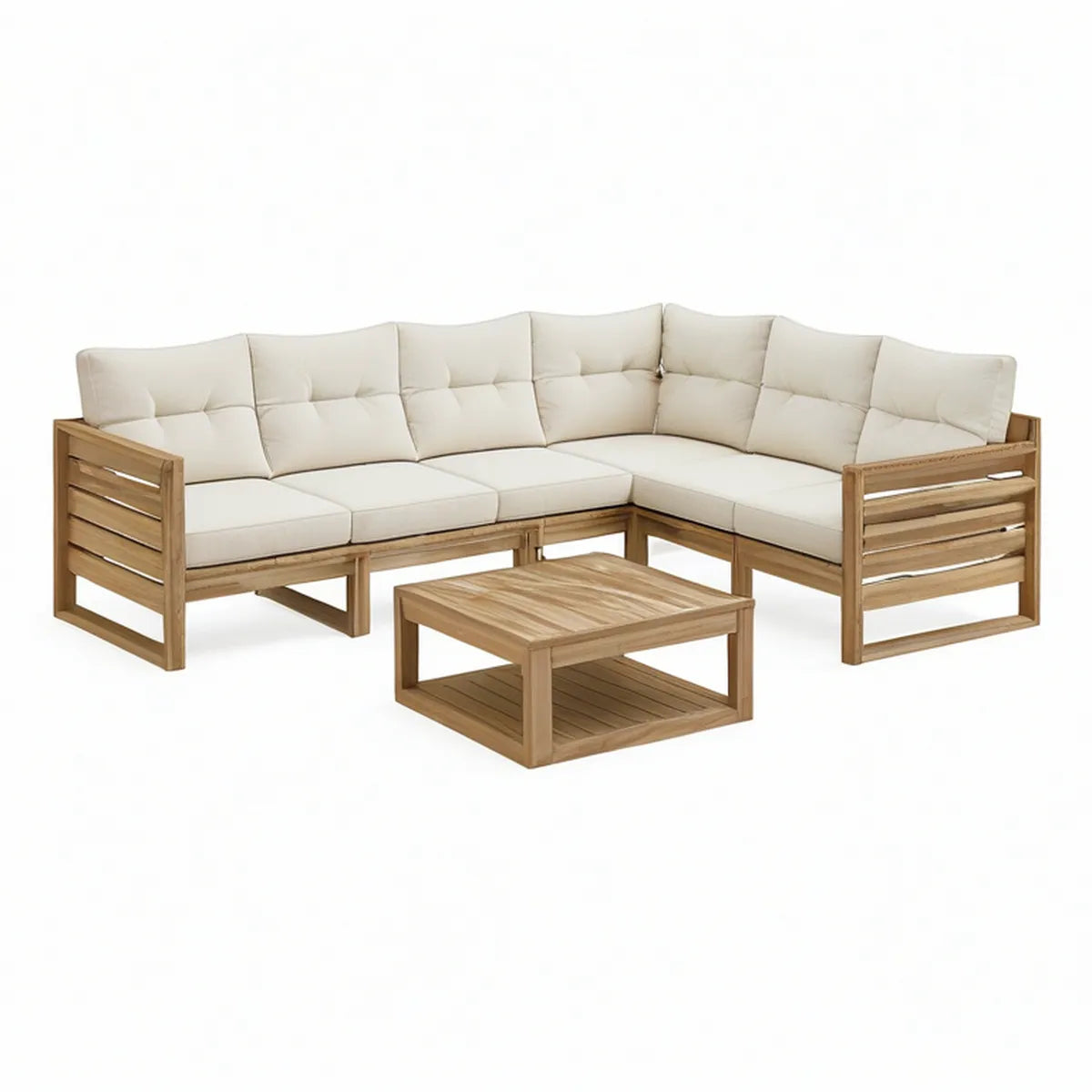 Conjunto de Sofás de Canto com Mesa de Centro em Madeira de Acácia, 236 x 236 cm, Castanho Natural e Bege