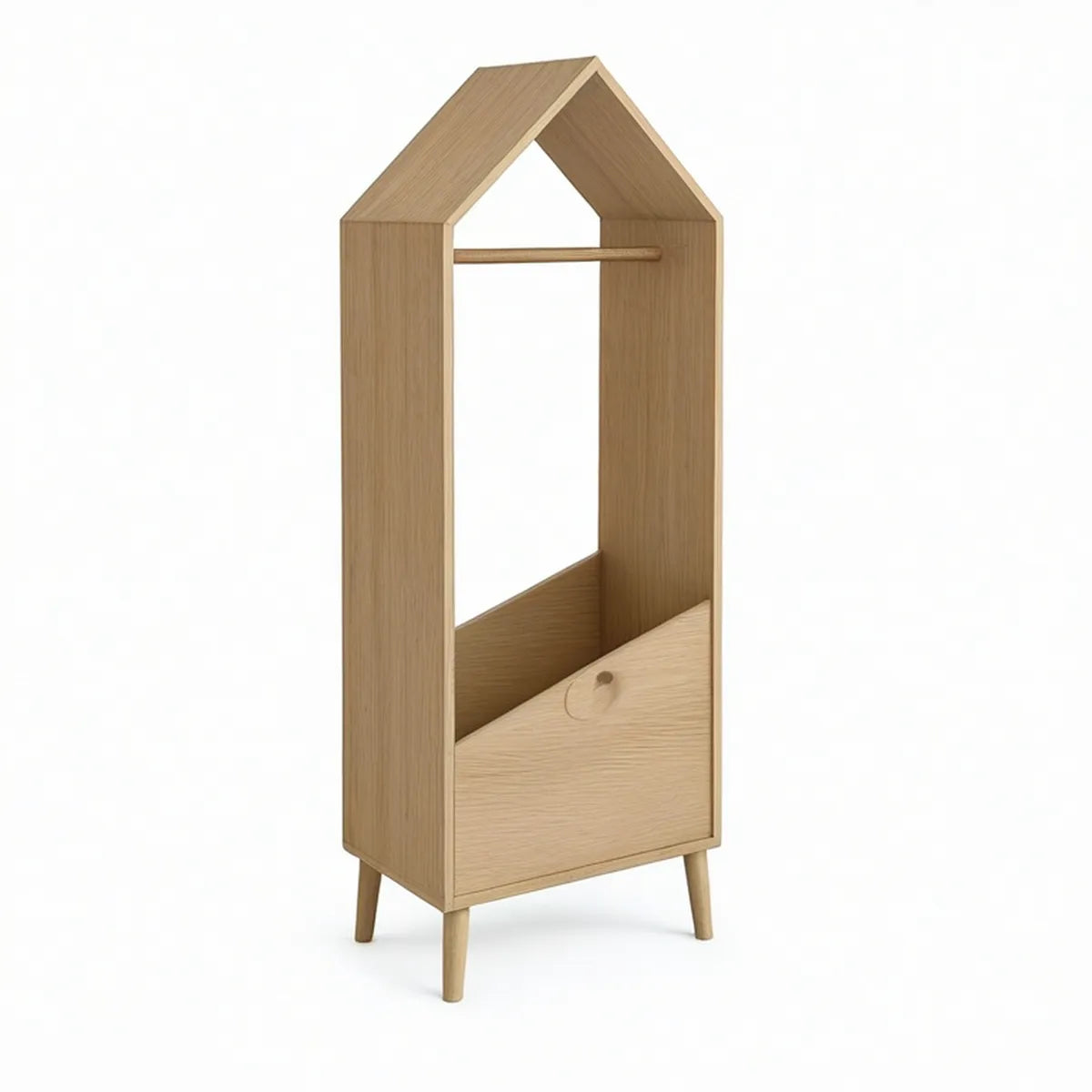 Roupeiro infantil em forma de casa com varão e gaveta, 60 x 45 x 160 cm, Carvalho Natural