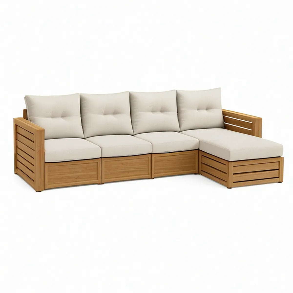 Sofá Modular de Jardim em L com Chaise Longue, Madeira Maciça de Acácia, Castanho Natural e Bege, 290 x 150 x 75 cm