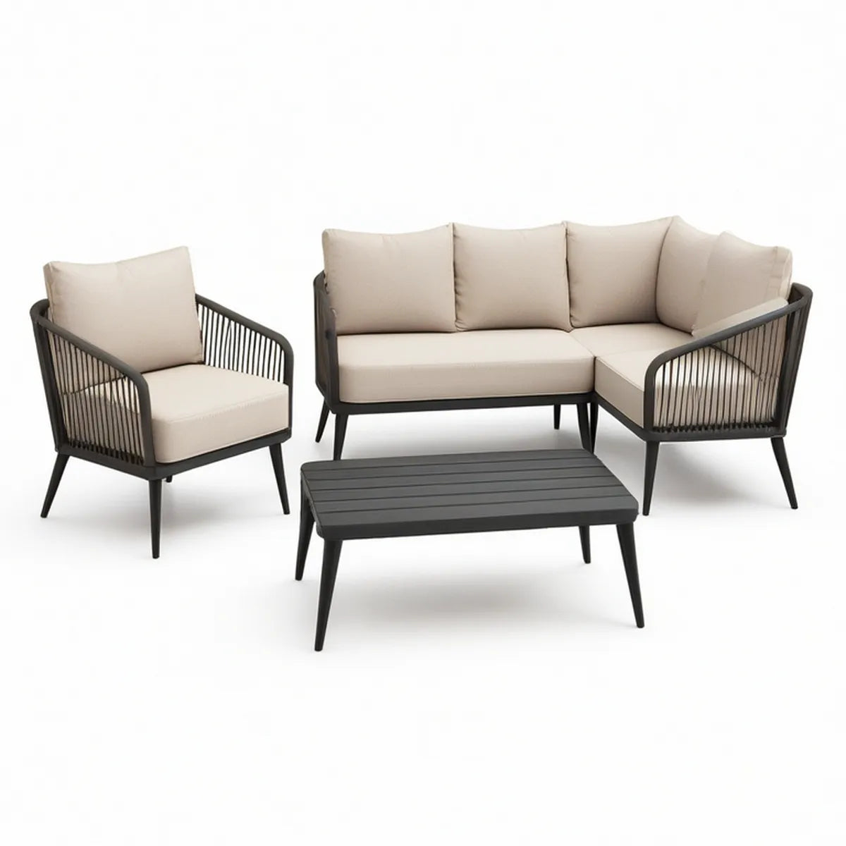 Conjunto de exterior com sofá em L, poltrona e mesa de centro em alumínio Preto e Bege, 210 x 140 cm