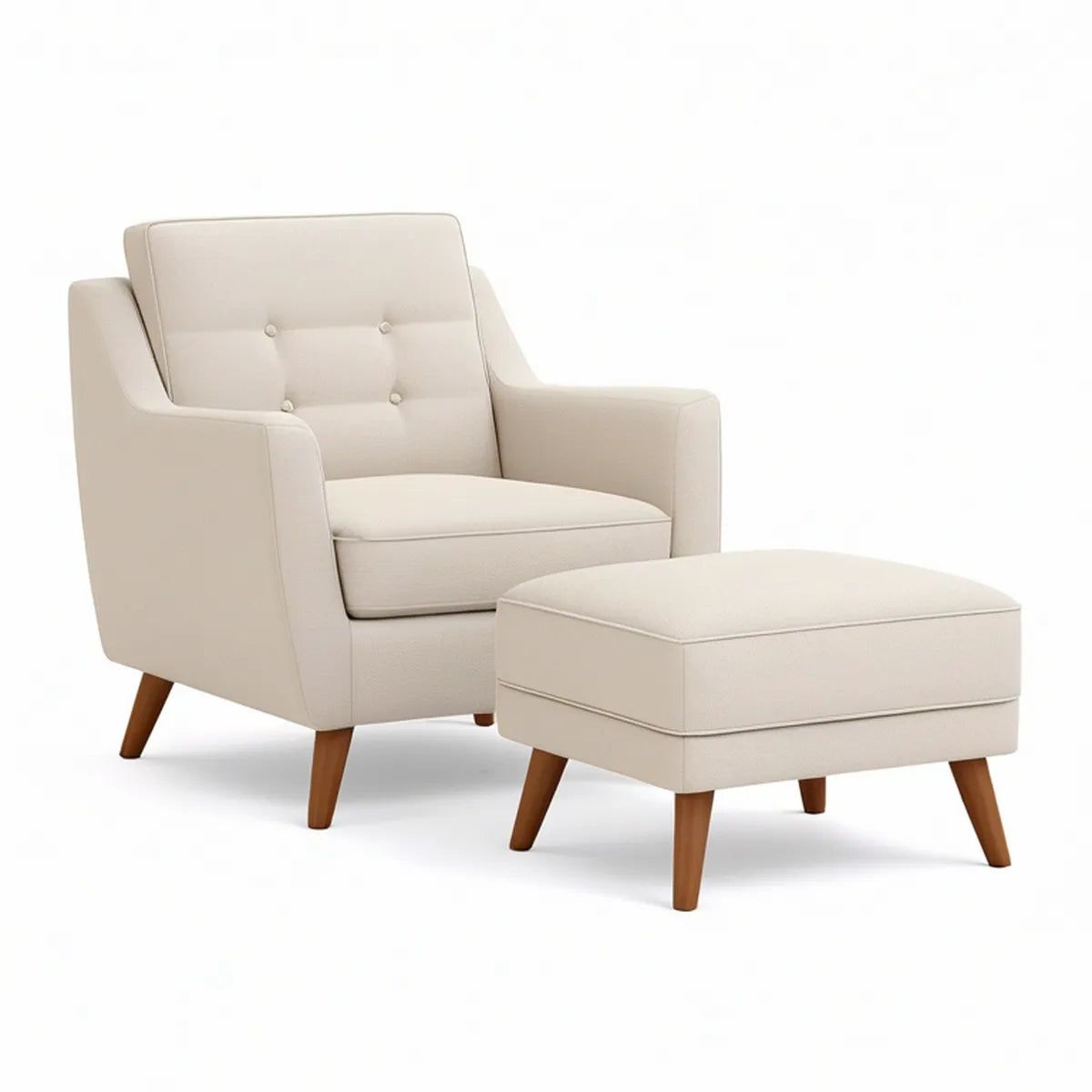 Poltrona Bege com Pufe Retangular e Pés em Madeira Castanha, 80 x 76 x 90 cm